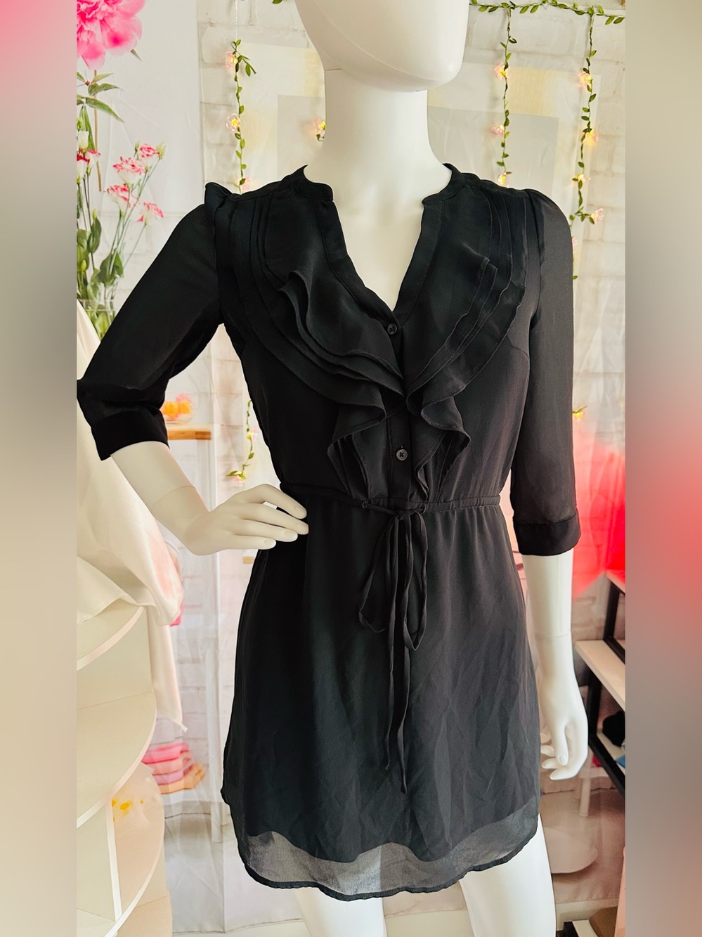 H&M Black Ruffle Tunic Mini Dress Sheer Sleeve Tie Waist